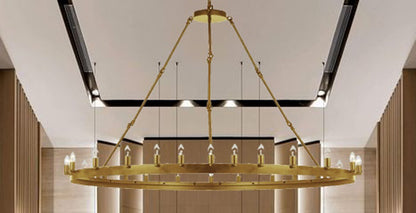 Rustic Elegance Wrought Iron Vintage Barn Metal Castile One-Tier Chandelier for Industrial Loft Spaces Gold Finish (W 63" H 49") - 199503003