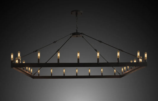 Elevate your living space with the Wrought Iron Vintage Barn Metal Castile Two Tier Chandelier, a masterfully crafted lighting fixture that seamlessly blends industrial loft aesthetics with rustic charm. This impressive chandelier, measuring W63" x L63" x H60", features a captivating two-tier design and comes with 5 feet of chain and wire for easy customization of the hanging height.